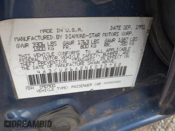 ✅ 1992 Mitsubishi Mirage • VIN: 4A3CU26A2NE030752 • Lot: 43037504. Wystawiony na IAAI z przebiegiem 93 053 mil. Bezpłatny archiwum sprzedaży aukcyjnych z USA i szczegółowy raport historii pojazdu na DreamBid. Zdjęcie 9.