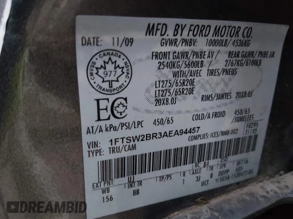 ✅ 2010 Ford F-250 XL • VIN: 1FTSW2BR3AEA94457 • Lot: 43714799. Listed on IAAI with 252,826 mi. Free auction sales archive from the USA and detailed vehicle history report at DreamBid. Image 9.