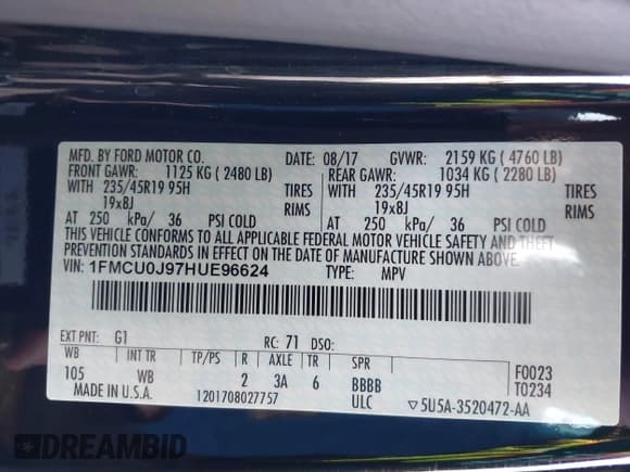 ✅ 2017 Ford Escape Titanium • VIN: 1FMCU0J97HUE96624 • Лот: 43642510. Опубликован ранее на IAAI с пробегом 63 216 миль. Бесплатный доступ к архиву аукционных продаж из США и подробный отчёт об истории автомобиля на DreamBid. Изображение 9.