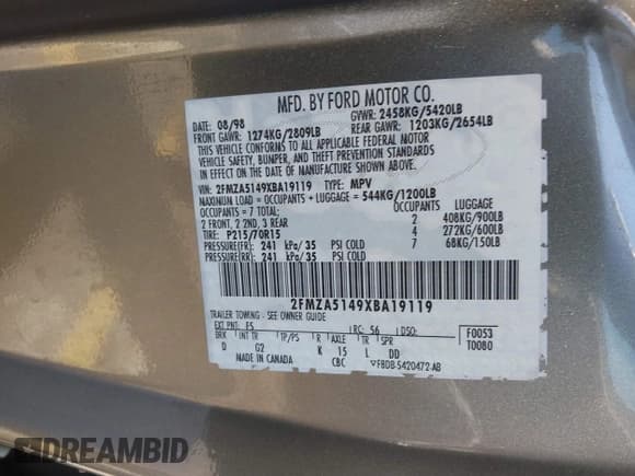 ✅ 1999 Ford Windstar LX • VIN: 2FMZA5149XBA19119 • Lot: 42460450. Wystawiony na IAAI z przebiegiem 71 147 mil. Bezpłatny archiwum sprzedaży aukcyjnych z USA i szczegółowy raport historii pojazdu na DreamBid. Zdjęcie 9.