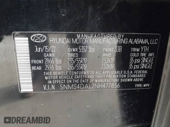 2022 Hyundai Santa Fe Limited with VIN 5NMS4DAL2NH477856, listed as a IAAI auction lot 43359399 with 46,650 mi miles and . Bid and sale history available at DreamBid. Image 9.