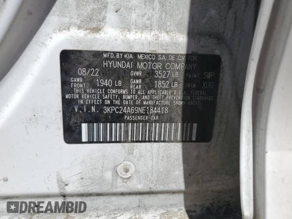 2022 Hyundai Accent SEL z VIN 3KPC24A69NE184418, wystawiony jako Copart lot #61741104 z przebiegiem 33 026 mil mil oraz Szkoda całkowita • Salvage title. Historia ofert i sprzedaży dostępna na DreamBid. Obrazek 12.