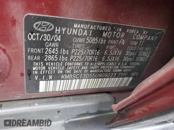 2005 Hyundai Santa Fe GLS с VIN KM8SC13D55U909223, выставлен на аукционе Copart как лот 81390854 с пробегом 160 806 миль миль и Списание • Salvage title. История ставок и продаж доступна на DreamBid. Изображение 14.