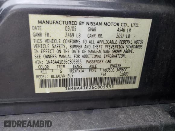 ✅ 2006 Nissan Maxima SE • VIN: 1N4BA41E26C805955 • Lot: 83983345. Listed on Copart with 132,198 mi. Free auction sales archive from the USA and detailed vehicle history report at DreamBid. Image 12.