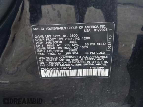 ✅ 2025 Volkswagen Atlas SE • VIN: 1V2DR2CAXSC525154 • Lot: 43346722. Wystawiony na IAAI z przebiegiem 17 104 mil. Bezpłatny archiwum sprzedaży aukcyjnych z USA i szczegółowy raport historii pojazdu na DreamBid. Zdjęcie 9.