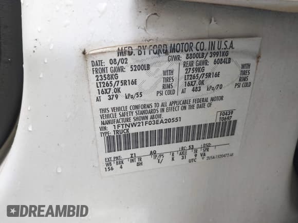 ✅ 2003 Ford F-250 XL • VIN: 1FTNW21F03EA20551 • Lot: 41912006. Wystawiony na IAAI z przebiegiem Nie podano. Bezpłatny archiwum sprzedaży aukcyjnych z USA i szczegółowy raport historii pojazdu na DreamBid. Zdjęcie 9.