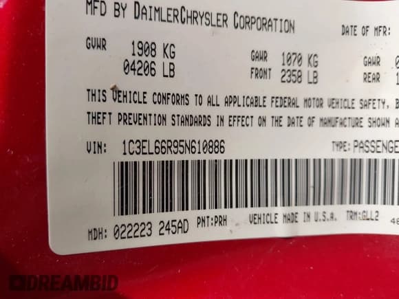 ✅ 2005 Chrysler Sebring • VIN: 1C3EL66R95N610886 • Лот: 42197893. Опубликован ранее на IAAI с пробегом 172 861 миль. Бесплатный доступ к архиву аукционных продаж из США и подробный отчёт об истории автомобиля на DreamBid. Изображение 9.