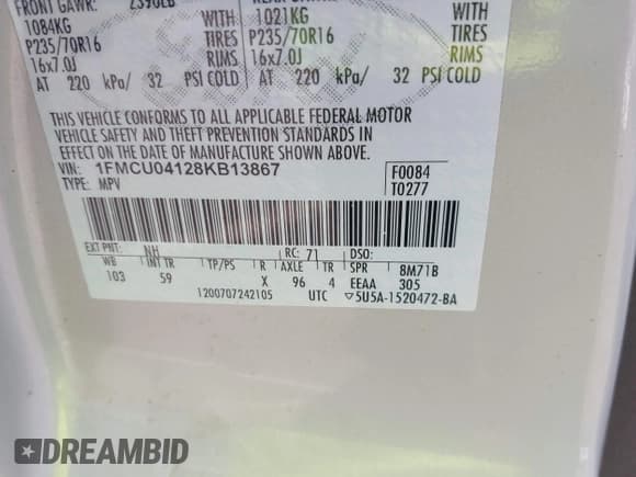 ✅ 2008 Ford Escape Limited • VIN: 1FMCU04128KB13867 • Lot: 42499448. Wystawiony na IAAI z przebiegiem 224 566 mil. Bezpłatny archiwum sprzedaży aukcyjnych z USA i szczegółowy raport historii pojazdu na DreamBid. Zdjęcie 9.