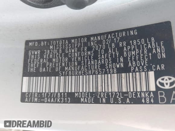 ✅ 2017 Toyota Corolla LE • VIN: 5YFBURHE5HP657198 • Лот: 43263622. Опубликован ранее на IAAI с пробегом 154 544 миль. Бесплатный доступ к архиву аукционных продаж из США и подробный отчёт об истории автомобиля на DreamBid. Изображение 9.