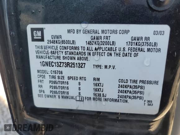 2003 Chevrolet Tahoe LT с VIN 1GNEC13Z73R251327, выставлен на аукционе Copart как лот 85694465 с пробегом 132 064 миль миль и Списание • Salvage title. История ставок и продаж доступна на DreamBid. Изображение 14.