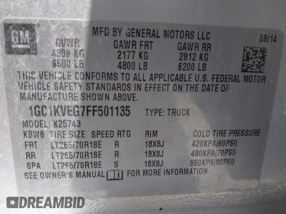 ✅ 2015 Chevrolet Silverado 2500HD LT • VIN: 1GC1KVEG7FF501135 • Lot: 42374401. Listed on IAAI with 135,855 mi. Free auction sales archive from the USA and detailed vehicle history report at DreamBid. Image 9.