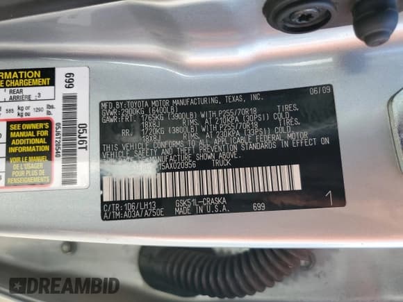 ✅ 2010 Toyota Tundra • VIN: 5TFRU5F15AX020956 • Lot: 60541935. Listed on Copart with 132,459 mi. Free auction sales archive from the USA and detailed vehicle history report at DreamBid. Image 12.