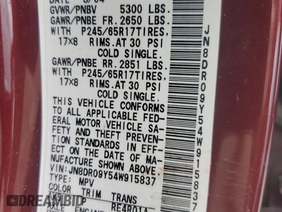 ✅ 2004 Nissan Pathfinder LE Platinum • VIN: JN8DR09Y54W915837 • Lot: 80515095. Wystawiony na Copart z przebiegiem 121 937 mil. Bezpłatny archiwum sprzedaży aukcyjnych z USA i szczegółowy raport historii pojazdu na DreamBid. Zdjęcie 14.
