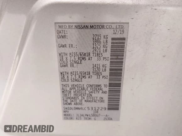 ✅ 2020 Infiniti QX60 Luxe • VIN: 5N1DL0MN4LC531229 • Lot: 42389359. Listed on IAAI with 106,545 mi. Free auction sales archive from the USA and detailed vehicle history report at DreamBid. Image 9.