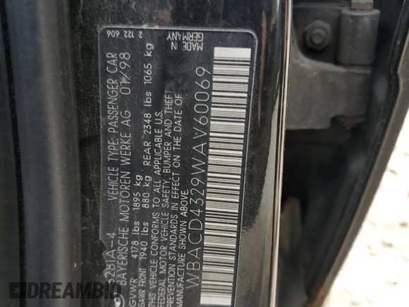 1998 BMW 3 Series 328i with VIN WBACD4329WAV60069, listed as a Copart auction lot 57724115 with 113,414 mi miles and Clean title. Bid and sale history available at DreamBid. Image 12.