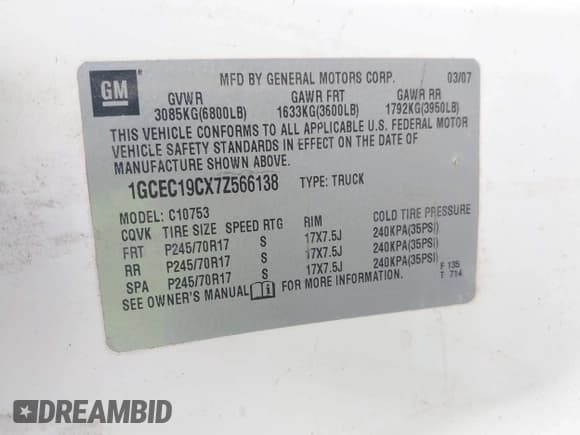 ✅ 2007 Chevrolet Silverado 1500 Work Truck • VIN: 1GCEC19CX7Z566138 • Lot: 42360347. Listed on IAAI with 174,353 mi. Free auction sales archive from the USA and detailed vehicle history report at DreamBid. Image 9.