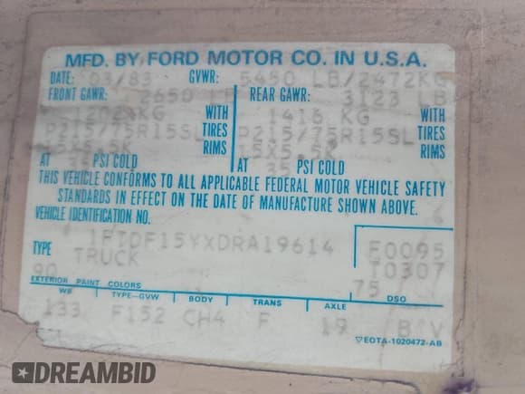 ✅ 1983 Ford F-150 • VIN: 1FTDF15YXDRA19614 • Лот: 42389455. Опубликован ранее на IAAI с пробегом 70 005 миль. Бесплатный доступ к архиву аукционных продаж из США и подробный отчёт об истории автомобиля на DreamBid. Изображение 9.