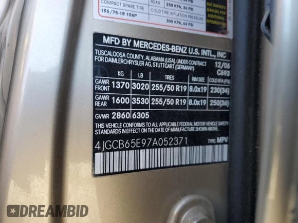 ✅ 2007 Mercedes-Benz R 3.5L • VIN: 4JGCB65E97A052371 • Lot: 89096265. Listed on Copart with 134,375 mi. Free auction sales archive from the USA and detailed vehicle history report at DreamBid. Image 12.