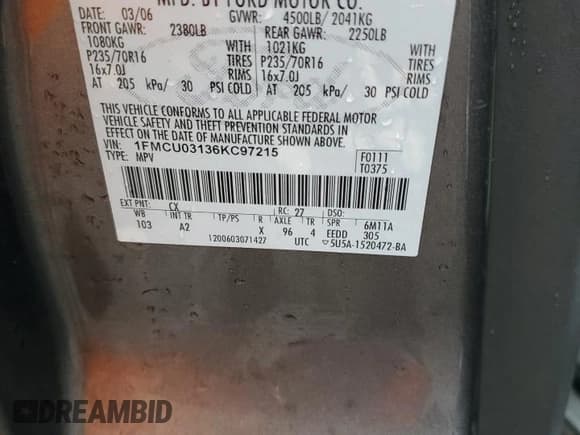 ✅ 2006 Ford Escape XLT • VIN: 1FMCU03136KC97215 • Lot: 55230045. Listed on Copart with 164,189 mi. Free auction sales archive from the USA and detailed vehicle history report at DreamBid. Image 13.