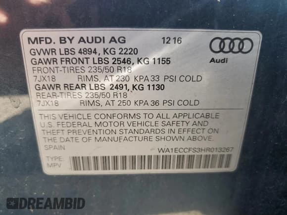 ✅ 2017 Audi Q3 Premium • VIN: WA1ECCFS3HR013267 • Lot: 71682455. Listed on Copart with 86,906 mi. Free auction sales archive from the USA and detailed vehicle history report at DreamBid. Image 14.