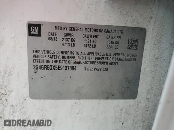 ✅ 2014 Buick Regal Premium II • VIN: 2G4GR5GX5E9137884 • Lot: 61666505. Listed on Copart with 218,140 mi. Free auction sales archive from the USA and detailed vehicle history report at DreamBid. Image 12.