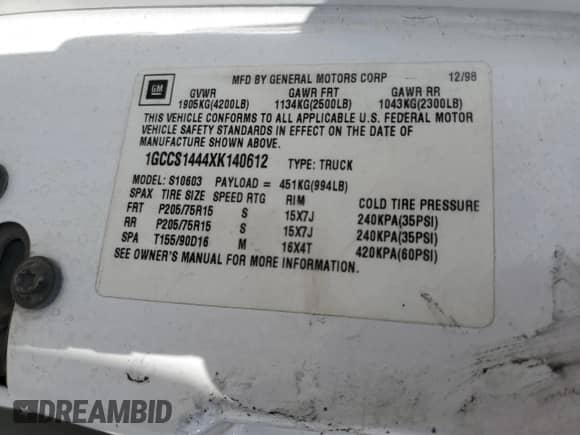 1999 Chevrolet S-10 LS with VIN 1GCCS1444XK140612, listed as a Copart auction lot 82521425 with 248,388 mi miles and Salvage title. Bid and sale history available at DreamBid. Image 13.