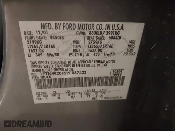 ✅ 2002 Ford F-250 XL • VIN: 1FTNW20F22EB67423 • Лот: 43838729. Опубликован ранее на IAAI с пробегом 194 432 миль. Бесплатный доступ к архиву аукционных продаж из США и подробный отчёт об истории автомобиля на DreamBid. Изображение 9.