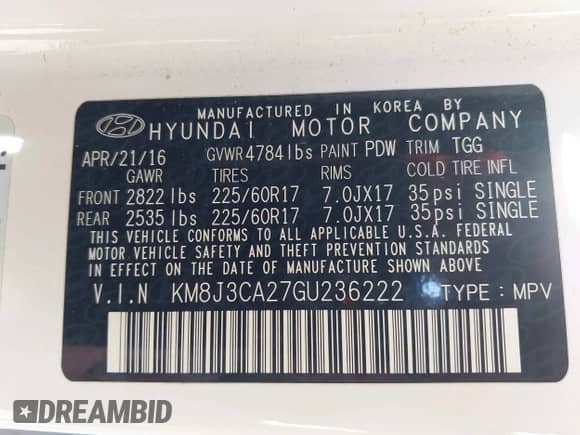 2016 Hyundai Tucson Sport z VIN KM8J3CA27GU236222, wystawiony jako IAAI lot #42827050 z przebiegiem 92 218 mil mil oraz . Historia ofert i sprzedaży dostępna na DreamBid. Obrazek 9.