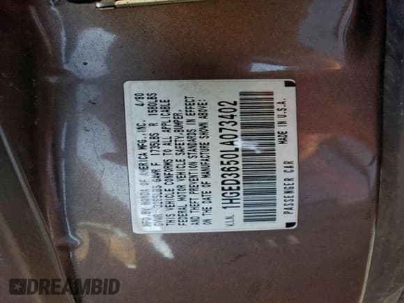 ✅ 1990 Honda Civic • VIN: 1HGED3650LA073402 • Lot: 97057165. Listed on Copart with 50,476 mi. Free auction sales archive from the USA and detailed vehicle history report at DreamBid. Image 12.