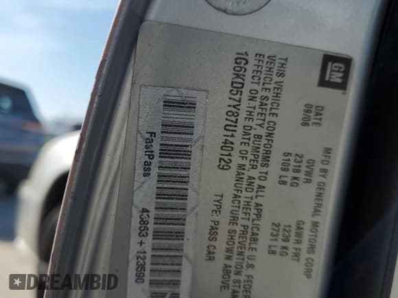 ✅ 2007 Cadillac DTS V8 • VIN: 1G6KD57Y87U140129 • Лот: 48025875. Опубликован ранее на Copart с пробегом 184 526 миль. Бесплатный доступ к архиву аукционных продаж из США и подробный отчёт об истории автомобиля на DreamBid. Изображение 12.