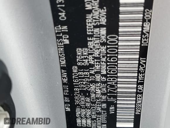 ✅ 2013 Subaru BRZ Premium • VIN: JF1ZCAB16D1610100 • Lot: 85366105. Listed on Copart with 55,069 mi. Free auction sales archive from the USA and detailed vehicle history report at DreamBid. Image 12.