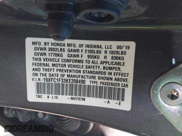 ✅ 2019 Honda Civic EX • VIN: 19XFC1F33KE208490 • Lot: 43334028. Listed on IAAI with 43,138 mi. Free auction sales archive from the USA and detailed vehicle history report at DreamBid. Image 9.