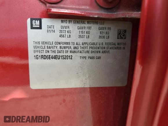 ✅ 2014 Chevrolet Volt • VIN: 1G1RD6E44EU152012 • Lot: 87108735. Listed on Copart with 87,607 mi. Free auction sales archive from the USA and detailed vehicle history report at DreamBid. Image 12.