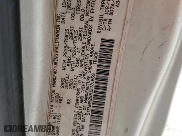 ✅ 2001 Toyota Tacoma PreRunner • VIN: 5TENM92N81Z731669 • Lot: 68079915. Wystawiony na Copart z przebiegiem 369 708 mil. Bezpłatny archiwum sprzedaży aukcyjnych z USA i szczegółowy raport historii pojazdu na DreamBid. Zdjęcie 12.