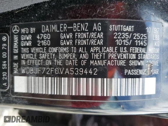 ✅ 1997 Mercedes-Benz E 320 • VIN: WDBJF72F0VA539442 • Лот: 57256725. Опубликован ранее на Copart с пробегом 212 380 миль. Бесплатный доступ к архиву аукционных продаж из США и подробный отчёт об истории автомобиля на DreamBid. Изображение 12.