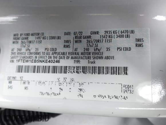 ✅ 2022 Ford F-150 XL • VIN: 1FTEW1EB5NKE40246 • Lot: 41568374. Wystawiony na IAAI z przebiegiem 32 557 mil. Bezpłatny archiwum sprzedaży aukcyjnych z USA i szczegółowy raport historii pojazdu na DreamBid. Zdjęcie 9.