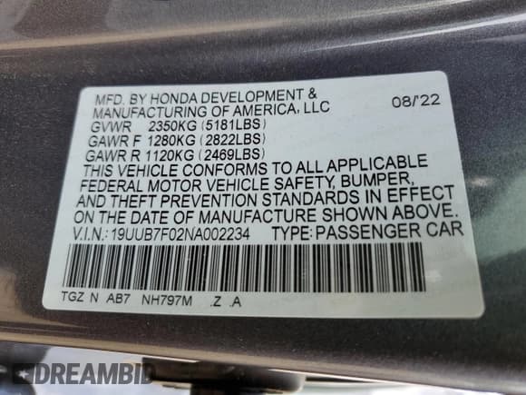 ✅ 2022 Acura TLX Type S • VIN: 19UUB7F02NA002234 • Lot: 80963905. Listed on Copart with 31,391 mi. Free auction sales archive from the USA and detailed vehicle history report at DreamBid. Image 13.
