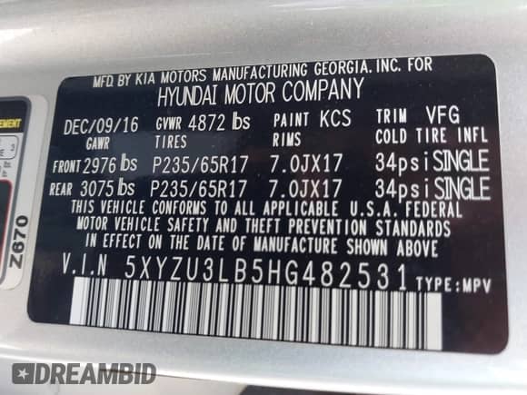 2017 Hyundai Santa Fe 2.4L с VIN 5XYZU3LB5HG482531, выставлен на аукционе IAAI как лот 43378231 с пробегом 93 225 миль миль и . История ставок и продаж доступна на DreamBid. Изображение 9.