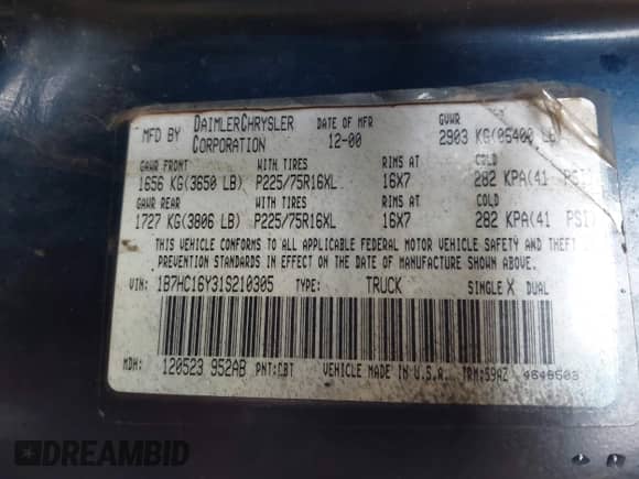 2001 Dodge 1500 with VIN 1B7HC16Y31S210305, listed as a IAAI auction lot 42423982 with Not provided miles and . Bid and sale history available at DreamBid. Image 9.