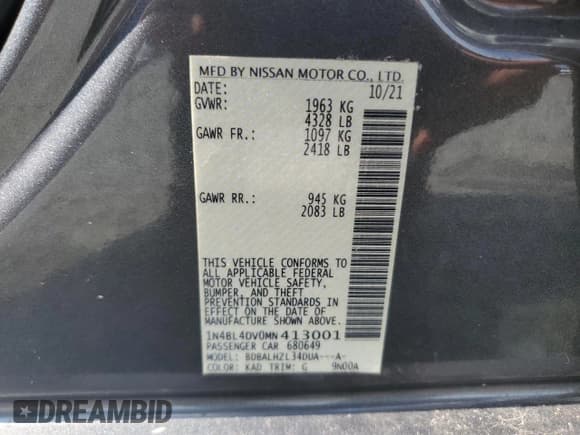 ✅ 2021 Nissan Altima SV • VIN: 1N4BL4DV0MN413001 • Lot: 65741895. Wystawiony na Copart z przebiegiem 79 302 mil. Bezpłatny archiwum sprzedaży aukcyjnych z USA i szczegółowy raport historii pojazdu na DreamBid. Zdjęcie 12.