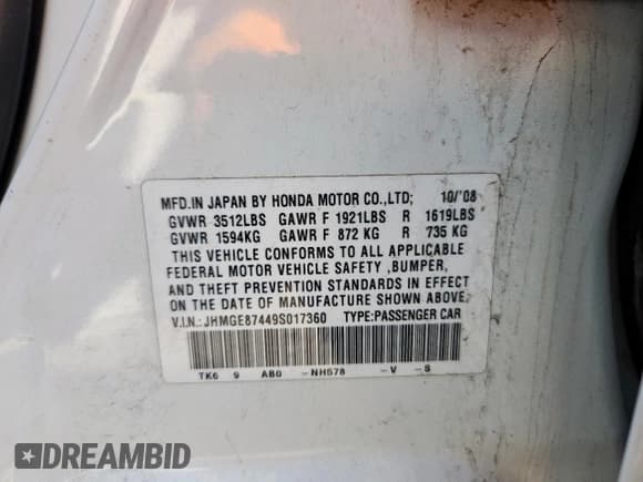 ✅ 2009 Honda Fit Sport • VIN: JHMGE87449S017360 • Lot: 81697265. Listed on Copart with 144,930 mi. Free auction sales archive from the USA and detailed vehicle history report at DreamBid. Image 12.