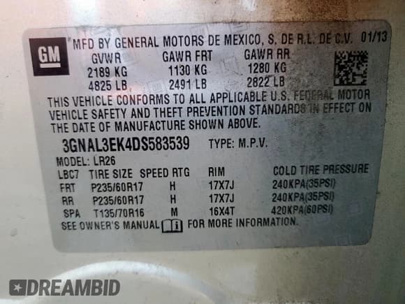 ✅ 2013 Chevrolet Captiva Sport LT • VIN: 3GNAL3EK4DS583539 • Lot: 58976625. Wystawiony na Copart z przebiegiem 152 981 mil. Bezpłatny archiwum sprzedaży aukcyjnych z USA i szczegółowy raport historii pojazdu na DreamBid. Zdjęcie 13.