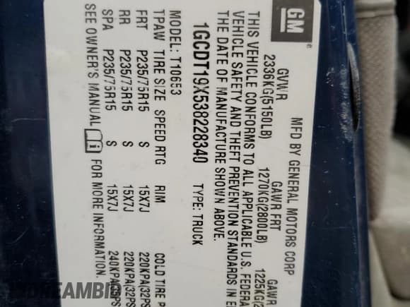 ✅ 2003 Chevrolet S-10 • VIN: 1GCDT19X538228340 • Лот: 47692355. Опубликован ранее на Copart с пробегом 121 707 миль. Бесплатный доступ к архиву аукционных продаж из США и подробный отчёт об истории автомобиля на DreamBid. Изображение 12.