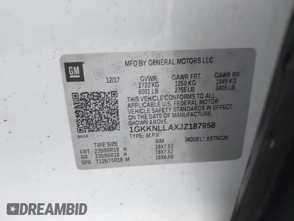✅ 2018 GMC Acadia SLE • VIN: 1GKKNLLAXJZ187958 • Lot: 41536042. Listed on IAAI with 148,137 mi. Free auction sales archive from the USA and detailed vehicle history report at DreamBid. Image 9.