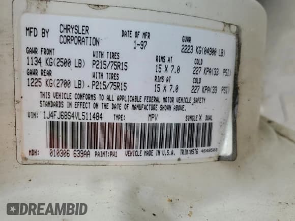 ✅ 1997 Jeep Cherokee Sport • VIN: 1J4FJ68S4VL511484 • Lot: 61796365. Wystawiony na Copart z przebiegiem 127 892 mil. Bezpłatny archiwum sprzedaży aukcyjnych z USA i szczegółowy raport historii pojazdu na DreamBid. Zdjęcie 13.