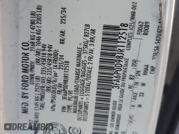 ✅ 2018 Ford Fusion Titanium • VIN: 3FA6P0D98JR112518 • Lot: 86076285. Wystawiony na Copart z przebiegiem 256 904 mil. Bezpłatny archiwum sprzedaży aukcyjnych z USA i szczegółowy raport historii pojazdu na DreamBid. Zdjęcie 12.