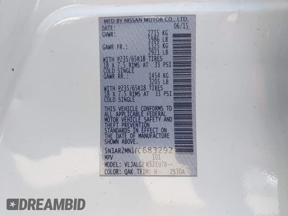 ✅ 2015 Nissan Pathfinder S • VIN: 5N1AR2MN1FC683292 • Lot: 41964246. Wystawiony na IAAI z przebiegiem 155 326 mil. Bezpłatny archiwum sprzedaży aukcyjnych z USA i szczegółowy raport historii pojazdu na DreamBid. Zdjęcie 9.