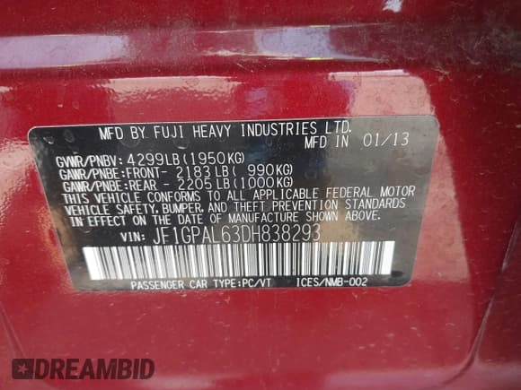 ✅ 2013 Subaru Impreza Special Sports Premium • VIN: JF1GPAL63DH838293 • Lot: 42454613. Listed on IAAI with 54,895 mi. Free auction sales archive from the USA and detailed vehicle history report at DreamBid. Image 9.