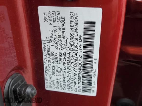 ✅ 2021 Honda CR-V EX-L • VIN: 7FARW2H84ME031422 • Lot: 92671185. Wystawiony na Copart z przebiegiem 54 566 mil. Bezpłatny archiwum sprzedaży aukcyjnych z USA i szczegółowy raport historii pojazdu na DreamBid. Zdjęcie 13.