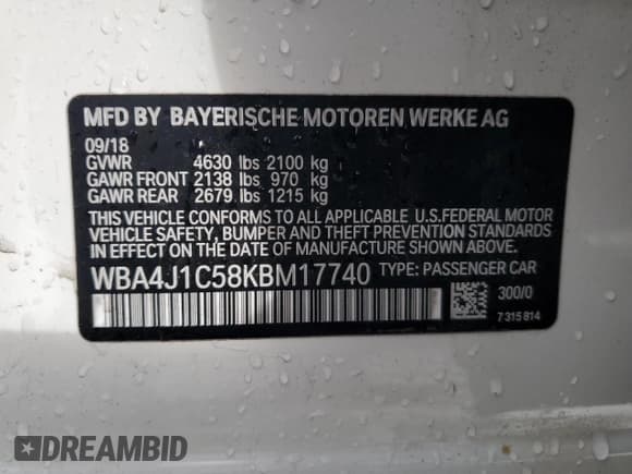 ✅ 2019 BMW 4 Series 430i • VIN: WBA4J1C58KBM17740 • Lot: 82301685. Listed on Copart with 36,393 mi. Free auction sales archive from the USA and detailed vehicle history report at DreamBid. Image 12.